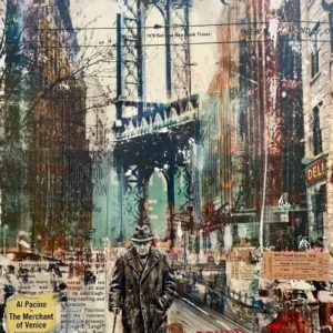 Pop art collage of New York cityscape and figure.