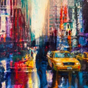 Impressionist painting of New York City with yellow taxis.