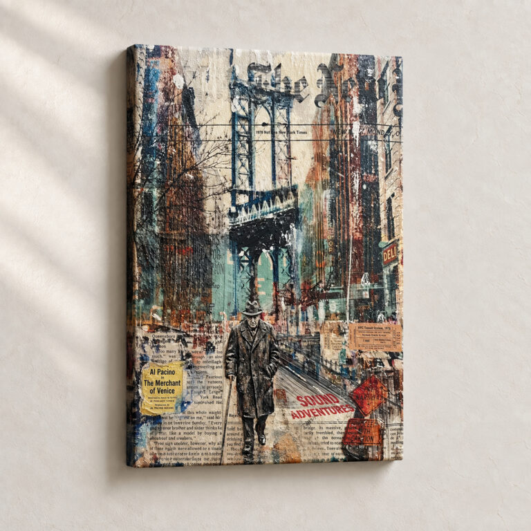 Hand Finished Artwork Watchful Figure Under Bridge Urban stretched canvas close-up
