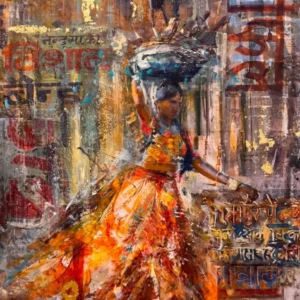 Colorful street art depicting a vibrant woman carrying a basket in an abstract, urban setting with Hindi script.