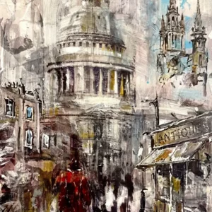 Painting of an urban scene with a cathedral, antique shop, and a person in a red coat on a busy street.