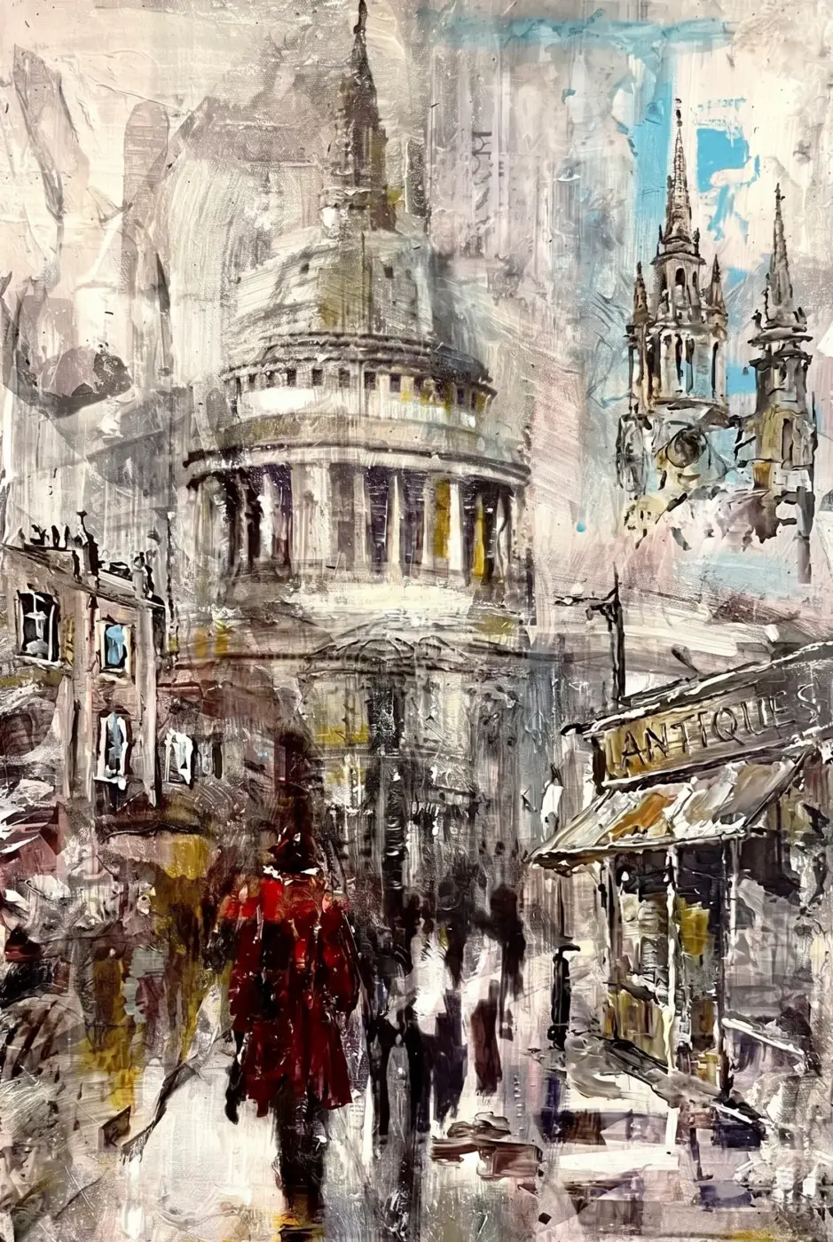 Painting of an urban scene with a cathedral, antique shop, and a person in a red coat on a busy street.