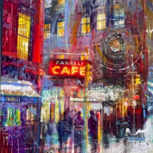 Colorful abstract painting of a vibrant city scene with a glowing café sign and a mysterious atmosphere.