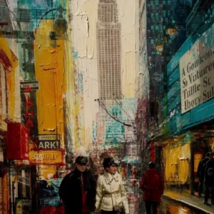 Urban street scene with a couple walking, vibrant city lights, and a tall skyscraper in the background.