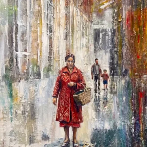 Painting of a woman in red with a basket, walking in a rainy street, with a mask on the ground.