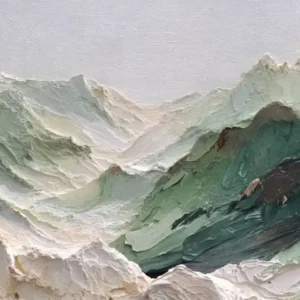 Textured impressionist mountain landscape in pastel shades evokes serene and abstract natural beauty.