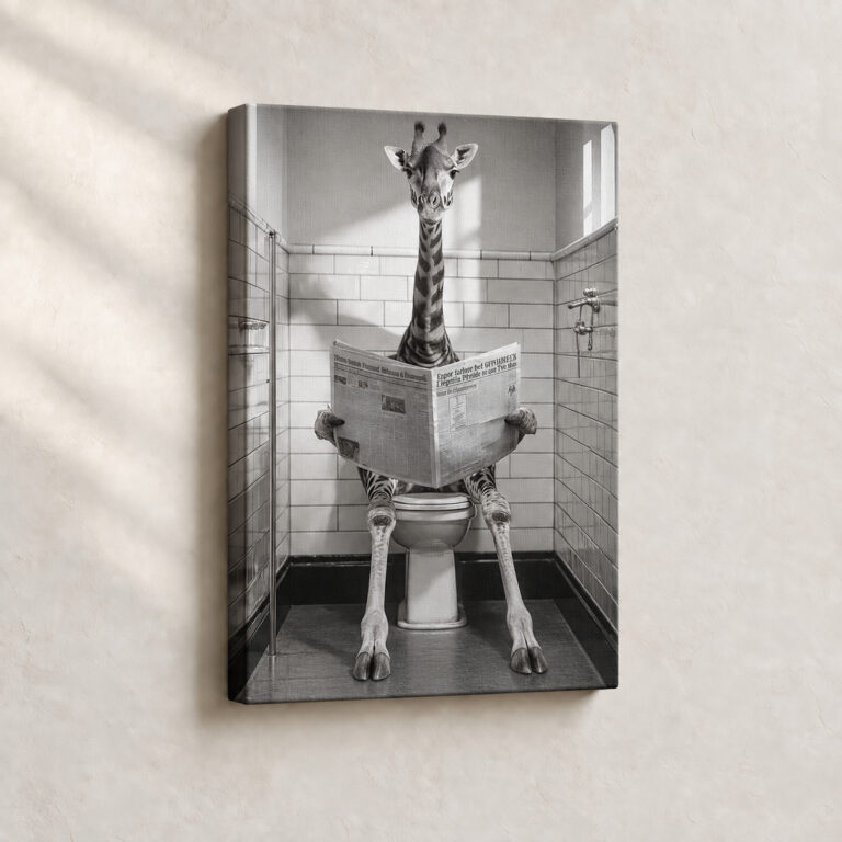 Hand Finished Artwork Giraffe in the Loo Surrealist stretched canvas close-up