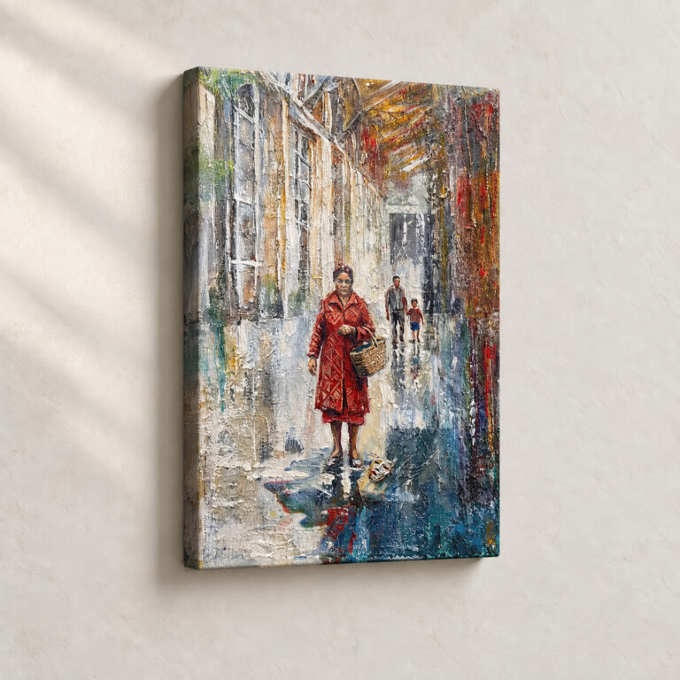 Hand Finished Artwork Woman in Red with Basket Expressionist stretched canvas close-up