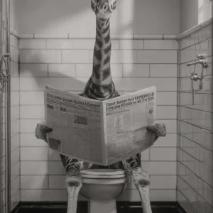 Giraffe on toilet reading newspaper in black-and-white bathroom.