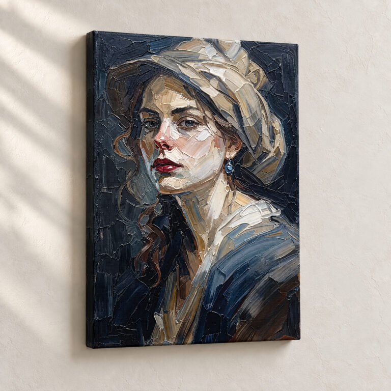 Hand Finished Artwork Woman with Blue Earring Impressionist stretched canvas close-up