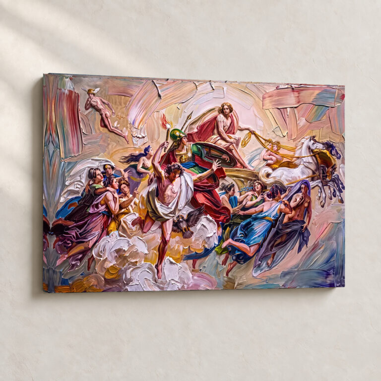 Artwork Celestial Chariot Procession Surrealist stretched canvas close-up