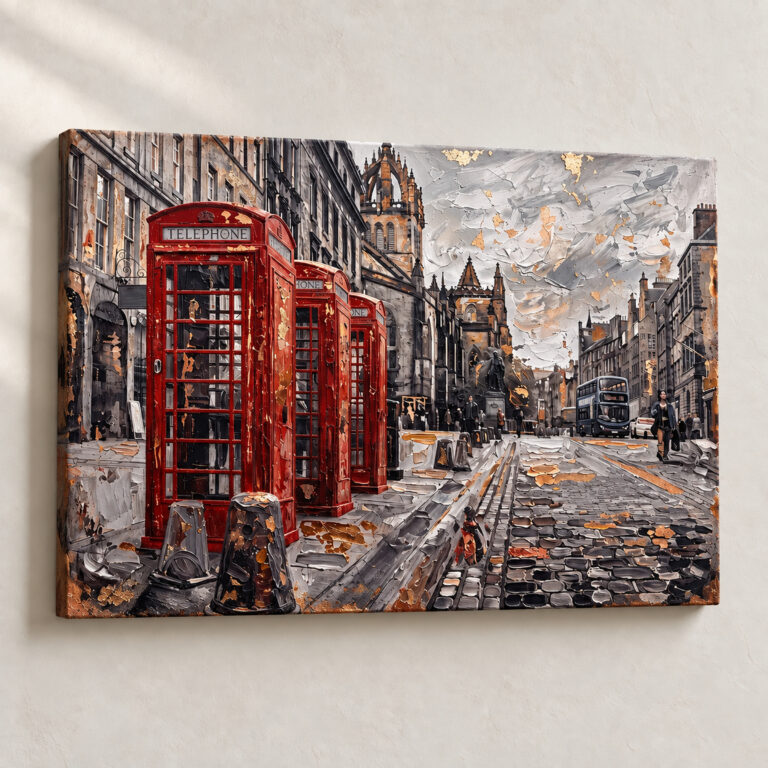 Artwork Red Boxes on Cobbled Street Urban stretched canvas close-up