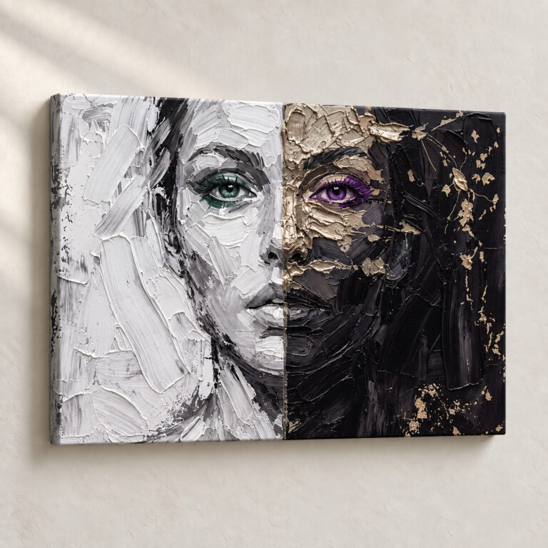 Artwork Dual Faces in Texture Expressionist stretched canvas close-up