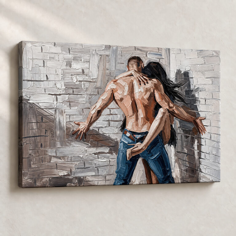 Artwork Embrace Against Brick Figurative stretched canvas close-up