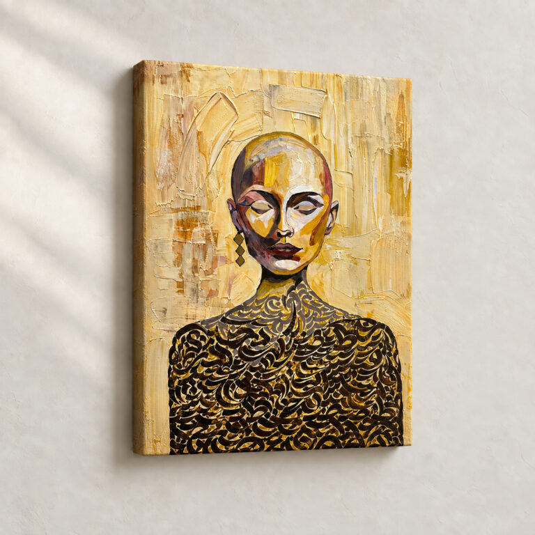 Artwork Golden Masked Serenity Expressionist stretched canvas close-up