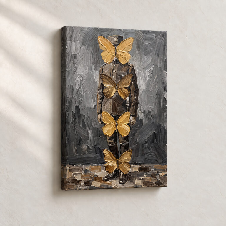 Artwork Soldier with Golden Butterflies Surrealist stretched canvas close-up