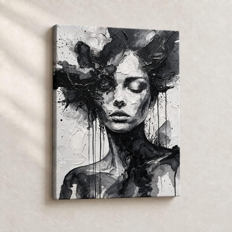 Hand Finished Artwork Monochrome Muse Abstract stretched canvas close-up