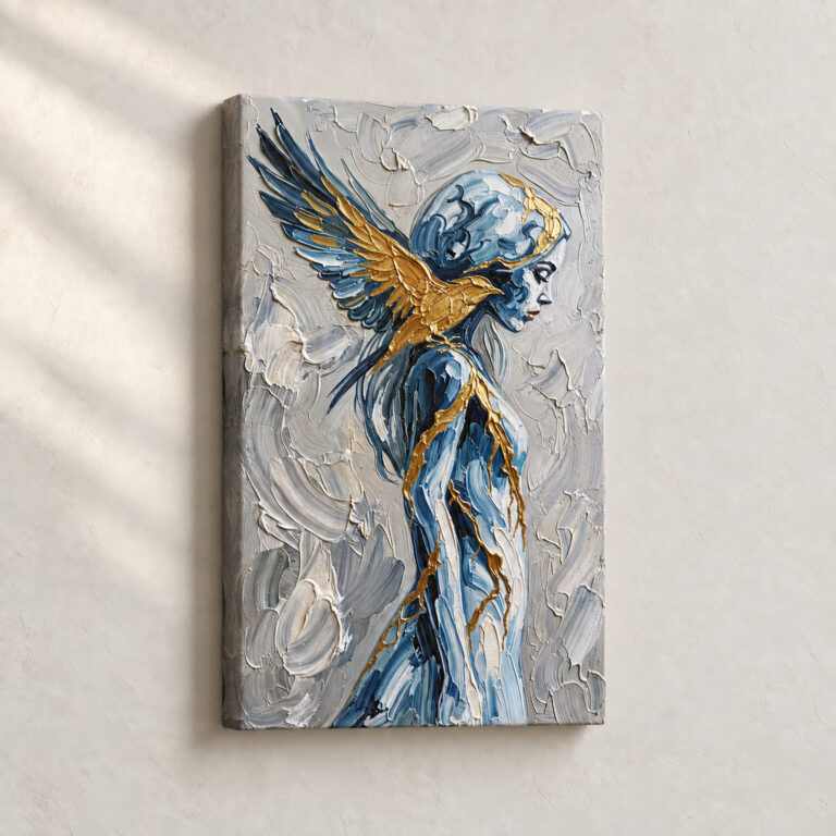 Artwork Golden Winged Figure Abstract stretched canvas close-up