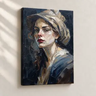 Hand Finished Artwork Woman with Blue Earring Impressionist stretched canvas close-up