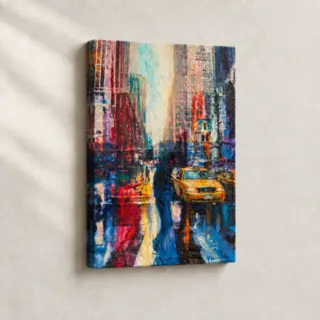 Artwork Yellow Taxi on Wet Street Impressionist stretched canvas close-up