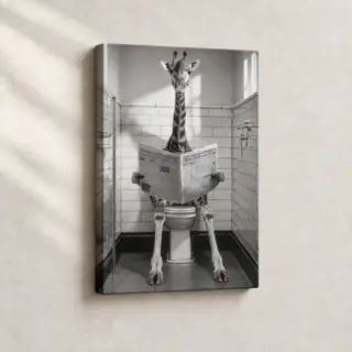 Hand Finished Artwork Giraffe in the Loo Surrealist stretched canvas close-up