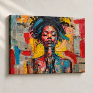 Artwork Vibrant Praying Figure Expressionist stretched canvas close-up
