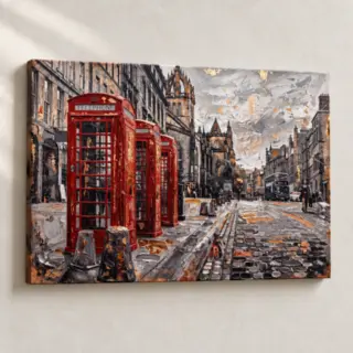 Artwork Red Boxes on Cobbled Street Urban stretched canvas close-up