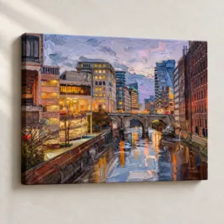 Artwork Twilight Over City Bridge Impressionist stretched canvas close-up