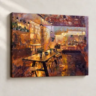 Artwork Golden Glow Cafe Interior Impressionist stretched canvas close-up