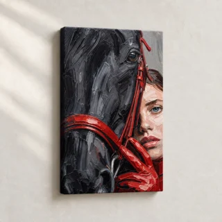 Hand Finished Artwork Equine Gaze with Red Accents Figurative stretched canvas close-up