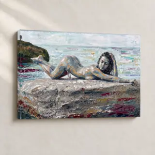 Artwork Reclining Nude by the Sea Figurative stretched canvas close-up